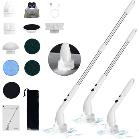 CkeyiN Pro Brosse de Nettoyage éLectrique sans Fil avec 7 TêTes De Brosse Interchangeables,Manche RéGlable avec Affichage et lumière,Brosse Nettoyage Salle De Bain pour Cuisine, Voiture, Carrelage