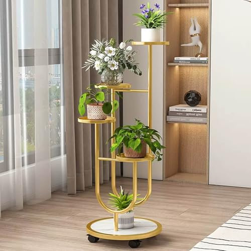 Mode blumenbank für innen draußen mit Rädern, modern blumentreppe outdoor, Garten deko pflanzenständer outdoor, balkon Mehrstöckig blumenständer, für Zimmerecke,Wohnzimmer,Terrasse,Hof.(Gold)