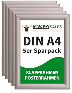 DISPLAY SALES Cadre pour affiche DIN A4 | Lot de 5 | Profil 25 mm | Cadre affiche argent | cadre pour poster, cadre photo en lot économique | cadre clipsable Budget (Argent, DIN A4 - Lot de 5)