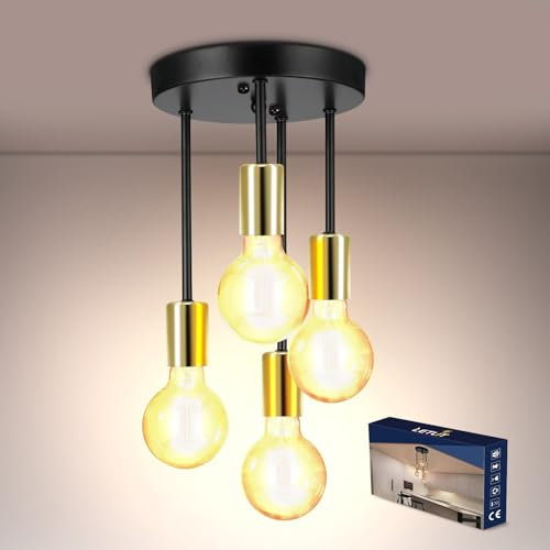 Letlit Deckenleuchte 4 Flammig - Vintage Deckenstrahler Deckenlampe Schwarz + Gold, E27 Küchenlampe Hängend Lampe Kronleuchter, Retro Industrial Deckenspots für Esszimmer Küche Wohnzimmer Bar
