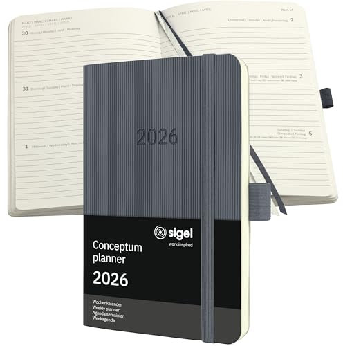 SIGEL C2637 Wochenplaner Wochenkalender 2026, ca. A6, dunkelgrau, Softcover, 176 Seiten, Gummiband, Stiftschlaufe, Archivtasche, aus nachhaltigem Papier, Kalenderbuch Conceptum