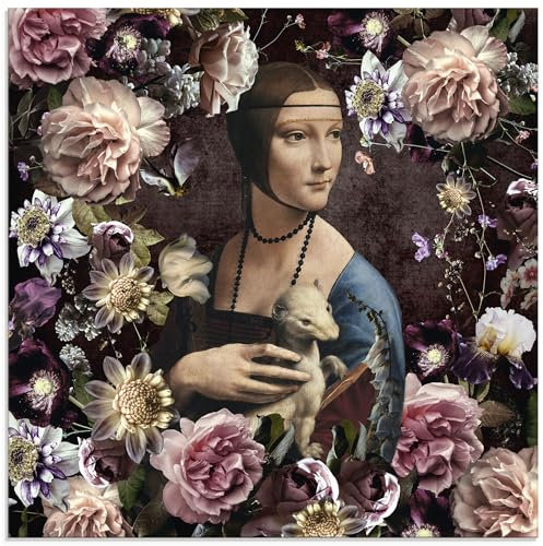 ARTland Wanddeko Glasbilder Wandbild Glas Bild 50x50 cm Blumen Rosen Gemälde Porträt Dame mit dem Hermelin Renaissance U5KI