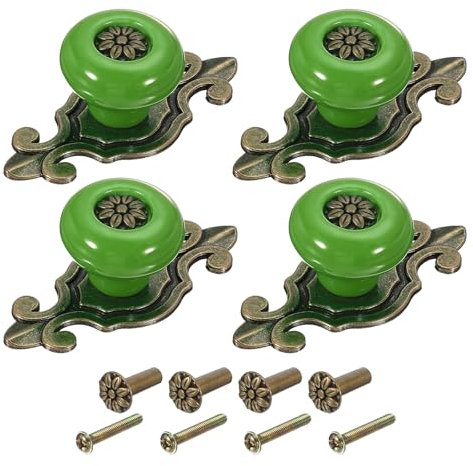 PATIKIL Retro Ceramic Knobs 1-1/4, 4Pcs Vintage Round Drawer Knobs Dresser Petal Pulls Handles with Backplate/Screw/Nut for Kitchen Door Cupboard Wardrobe, Green
