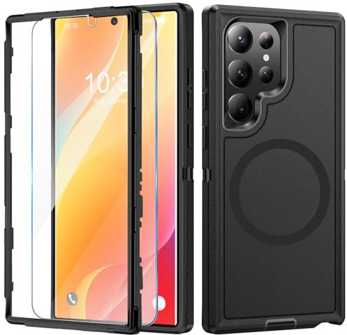 Handyhülle für Samsung Galaxy S23 Ultra Hülle mit Schutzfolie, 360° Stoßfest Robust Panzerhülle für Samsung S23 Ultra 5G Case Cover Schutzhülle mit Magnetisch (Schwarz, Für Samsung Galaxy S23 Ultra)