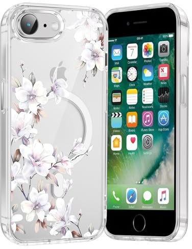 Saqmkil Handyhülle Magnetische für iPhone 16e/SE 4/SE 2025 6,1 Hülle,Kompatibel mit MagSafe, Durchsichtig Aesthetic Muster Blumen Mädchen Case,Transparent Weich Silikon TPU Bumper Stoßfeste Cover, 05