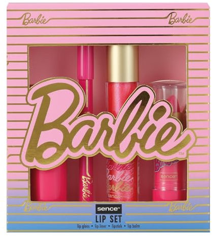 Barbie Lippenpflege 4 teiliges Geschenk-Set für Lippen, Vegan Beauty Box, Lippenstift, Lip gloss, Lipliner, Lippenpflegestift, Kosmetik, Schminke, Gesichtspflege auch für Kinder ab 12, von Sence