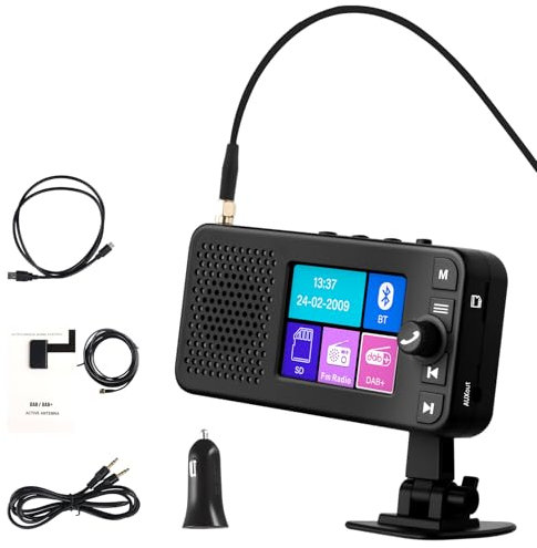 OiLiehu Digital DAB+ Adapter for Car Radio, 2.4 LCD Display Portable DAB Adapter with Bluetooth Handsfree, FM/DAB Radio, FM Transmitter, AUX-Out, TF-Slot