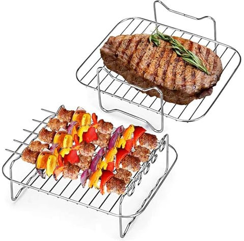 Joselin 2 Pièces Air Fryer Rack, Air Fryer Double Layer Rack, Pièces de Rechange Air Fryer Multifonctionnelles Grilling Rack avec 5 Brochettes