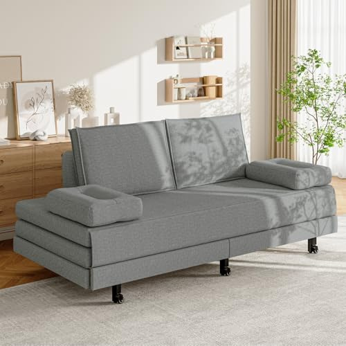 ZHDOKA Schlafsofa, ausklappbar, 90/180 x 200 cm, 3-Sitzer-Sofa mit Lattenrost aus Holz und Rückenlehne, Tagesbett für 2 Personen, Ausziehbett gleicher Höhe, aus grauem Leinen