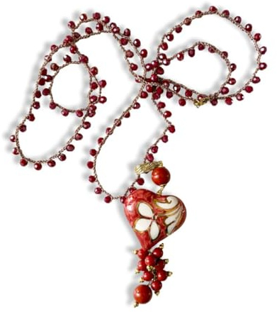 Collana all'uncinetto con perline e ciondolo a cuore in ceramica (Rosso)