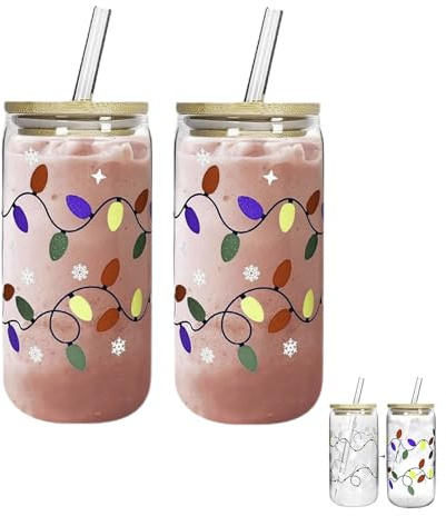 2pieces Color Changing Christmas Cup, Colour Changing Christmas Glass Cup With Lids And Straws, Reusable Travel Coffee Cups, Multipurpose Glass Drink Bottle For Iced Coffee, Cappuccino Tea, Latte Milk