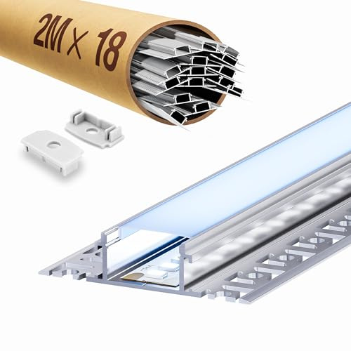 LASLUX 18 x LED Fliesenprofil 2M, LED Trockenbauprofil 2M Aluminium Profil Schiene Unterputz Kanal und Diffusor Aufputz für Indirekte Beleuchtung Decke