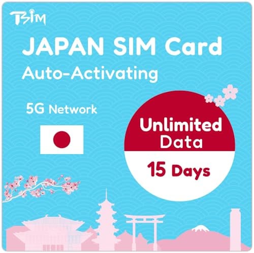 Tarjeta SIM para Japón – 15 días de Datos ilimitados | Activación automática | Red 5G con tethering/Hotspot/Compartir Internet | Solo Datos (sin Llamadas de Voz)