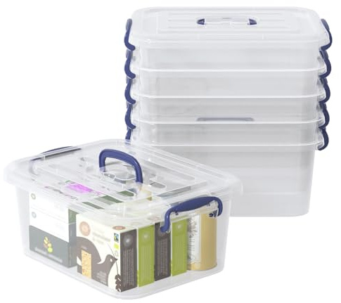 Ziglous 8 Litre Clear Storage Boxes with Lids and Handles, 6 Packs, Blue | Stackable Storage Containers, Plastic Latch Bin, 33*24.5*13.1cm