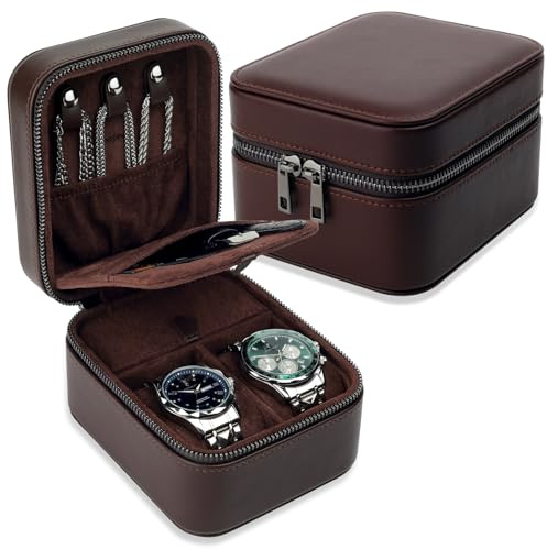 REVEMCN 2-Slot Small Travel Watch Box for Men, Watch & Jewellery Organiser | Portable Watch & Jewellery Organiser in PU Leather with Ring Rolls, Necklace Hooks & Cufflink Slots; Fits Watches up to 50mm