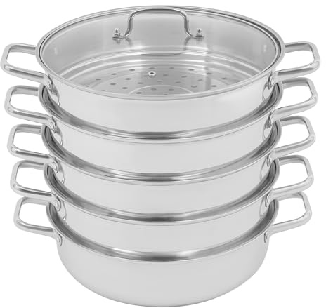 Treeisland Dampfgarer Edelstahl Topf 5 Etagen Dampfkocher 32 cm Dampf Kochtopf mit Glasdeckel für Kochen, Suppe, Silber