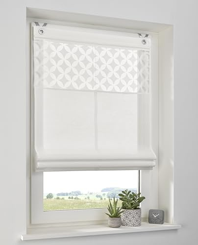 Kutti Raffrollo ohne Bohren Weiß „Jessy“ – Halbtransparentes Faltrollo mit Ausbrenner-Blende, grafisches Design, Baumwolle/Polyester, Fensterrollo modern, 45 x 140 cm