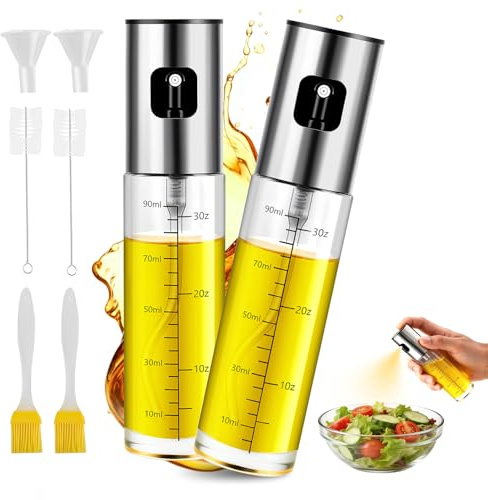 HATTGM Spruzzatore olio per olio da cucina e aceto, flacone spray per olio da cucina, preciso, olio d'oliva, spray per insalata, barbecue, con scala e imbuto (2 pezzi)