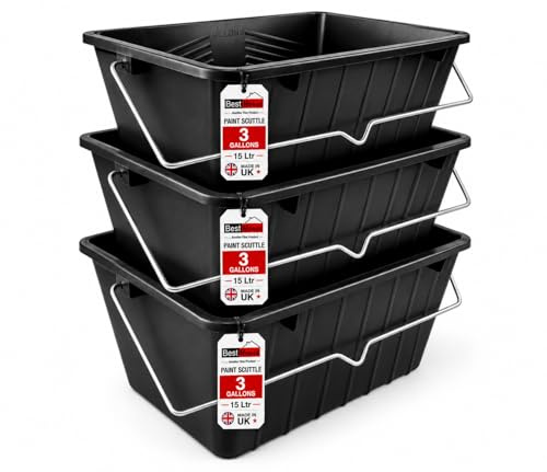 BH | 15L Black Paint Scuttle with Metal Handle | 15 Litres (3 Gallon) | Pack of 3 | Large Plastic Paint Bucket for Rollers | Decorators Paint Container for Paint and Paste - By Best House