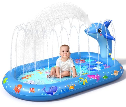 Inflatable Paddling Pool for Kids, Splash Pad for Kids, 3 in 1 Dolphin Pattern Kids Pool Inflatables, Thickened Material with Water Pipe, Backyard Summer Water Toys for Boys and Girls Age 1+