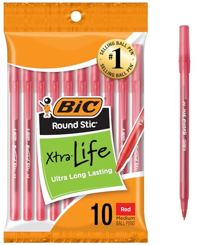 Red Bic Round Stic Ball Pens Medium Point 10/Pkg GSMP-101RD