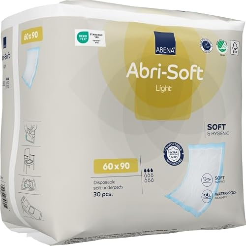ABENA Abri-Soft Light Disposable Incontinence Pads, Eco-Labelled Incontinence Bed Pads, Leak Protection, Soft & Secure Bed Protectors For Incontinence - 60x90cm, 1250ml Absorbency, 30PK