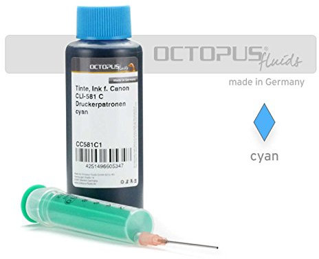 100 ml Druckertinte Cyan kompatibel für Canon CLI-581 C Druckerpatronen mit Zubehör (kein OEM) für Canon Pixma TR 7520, 7550, 8520, 8550, TS 6120, 6127, 6150, 8126, 8150, 8151, 8152, 9150, 9155