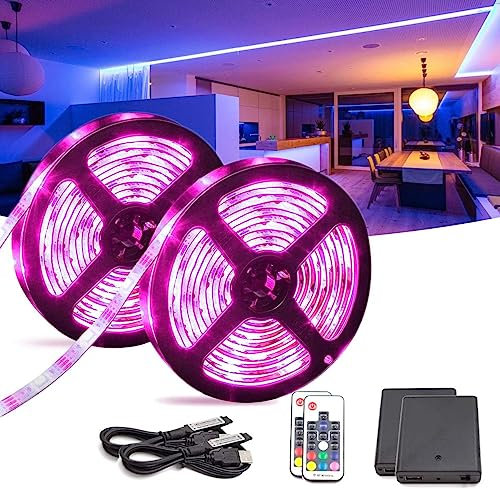 WOWLED Battery & USB 2 in 1 LED Strip Lights, 2 Pack 2m 60LED USB TV Backlights RGB Strips with RF Remote Controller, 2 Pcs Battery Powered Color Changing Lighting