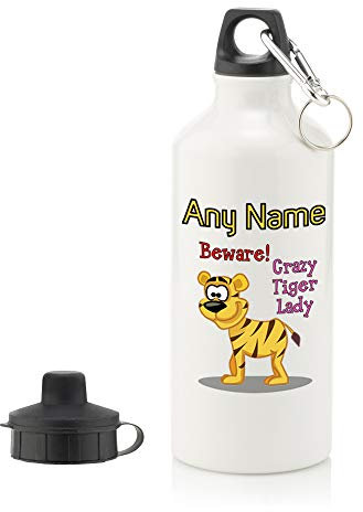 Personalised Gift - Crazy Tiger Lady 400ml Water Bottle (Animal Slogan Design White) Any Name Message Logo Unique - Sport Drink School Lunch Bag Silly Cute Funny Novelty Stripe King Forest Cat