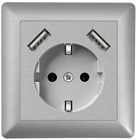 230 V Steckdose mit 2 x USB Ladegeräten, Schuko Wandsteckdose Unterputz, passend für Gira System 55, E2, Silber (Alu), TÜV Rheinland zertifiziert (Einfachsteckdose)
