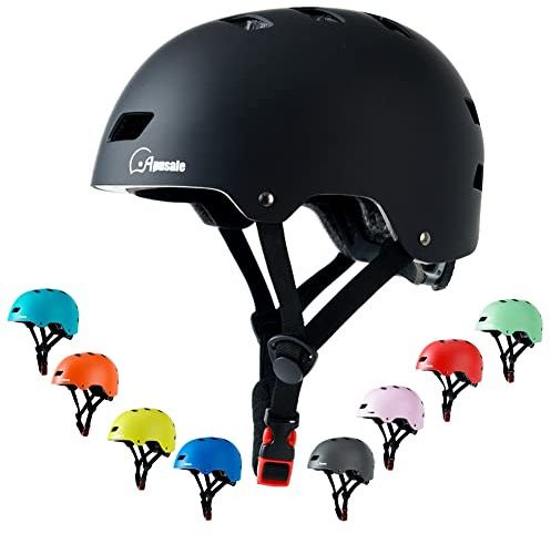 Apusale Bike Skateboard Helmet, Adjustable and Multi-Sport for Skate Scooter, 3 Sizes for Adult Youth Kids Toddler (Black)