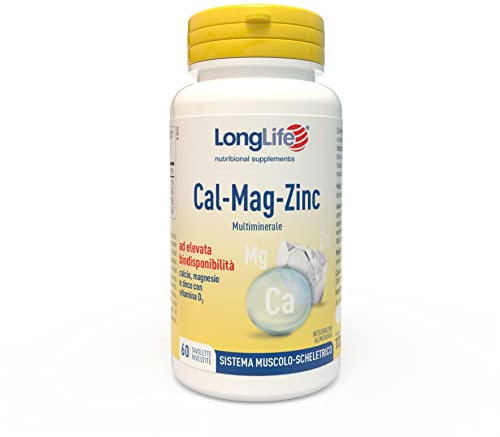 LongLife® Cal-Mag-Zinc | Integratore di calcio, magnesio e zinco, con vitamina D | Alta biodisponibilità | 2 mesi di trattamento | Salute delle ossa e del sistema nervoso | Vegetariano e senza glutine