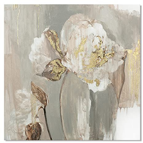 Goldfoilart Floral Wall Art Gold Blume Leinwand Bilder mit Goldfolie Verzierung Gemälde Strukturierter Druck Gerahmtes Kunstwerk für Wohnzimmer Schlafzimmer Büro Dekorationen 61 x 61 cm