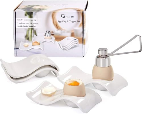 ChasBete Eierbecher Porzellan Eierbecher Set für Hart und Weichgekochten Eiern, 4 Weißes Porzellan Eierbecher +1 Eieröffner
