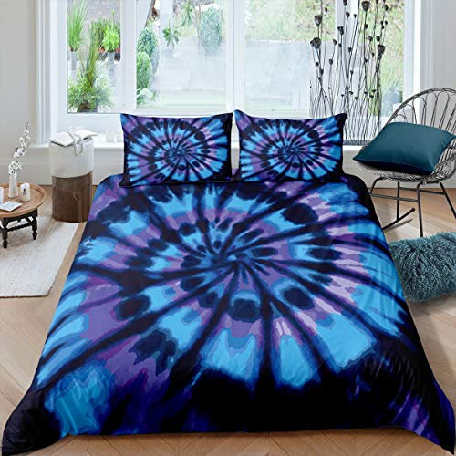 Loussiesd Tie Dye Bettwäsche Set Ethnische Boho Spiral Bettbezug Wirbel Krawatte Muster Betten Set Bohemian Hippie Psychedelic Bettwäsche Sets 135x200 cm Abstrakte Kunst Schwarz Blau Lila
