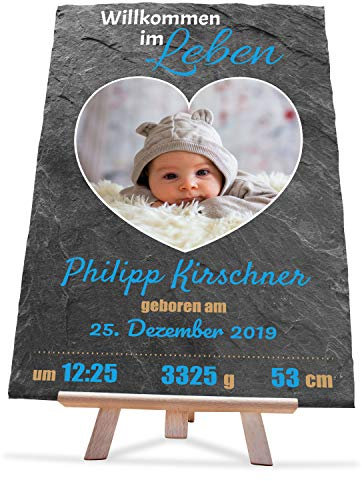 wandmotiv24 Schieferplatte mit eigenem Foto zur Geburt, 20 x 30 cm, inklusive Staffelei, Willkommen im Leben, Geburtsdaten, Baby-Foto, Geschenk zur Taufe, Geburtsdaten, Kinder, Babyparty, Junge M0397
