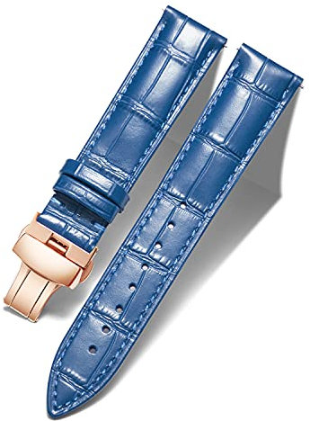 BINLUN Leder Uhrenarmband Lederarmband Ersatz Uhrenarmbänder für Herren Damen mit Silber/Gold/Roségold Schmetterling Faltschließe 12-24mm(18mm Blau-Roségold Schnalle)