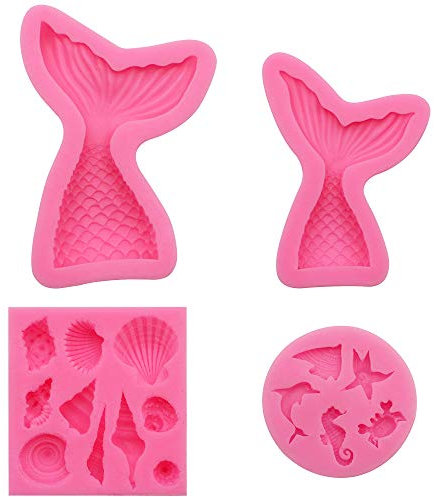 RtottiM 4 Stück Silikonform Meerjungfrau DIY Backformen Set 3D Ozean Tier Silikon Fondant Kuchen Schokoladenform für Schokolade Süßigkeiten Fondant Zuckerfertigkeit Kuchen