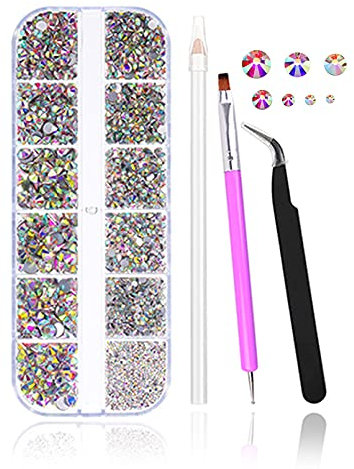 FITDON 3200pcs Flat Back Round Crystal AB Rhinestones Iridescent Glass Charms Nail Stones Gems with Pick Up Tweezers Rhinestones Picking Pen Dual-use Brush Dotting Tools