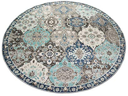 CARPETIA Teppich Outdoor Orientteppich Wohnzimmerteppich Ornamente in grau blau Größe 200 cm Rund