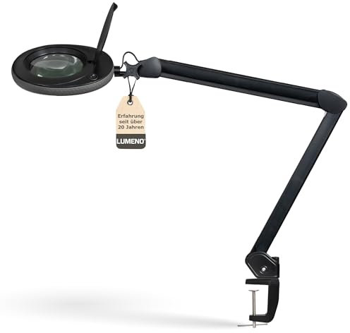 Lumeno LED Lupenleuchte 7218SW Lupenlampe mit 127 mm Echtglaslinse, Arbeitsplatzlampe, Kosmetiklampe, geeignet für Kosmetik, Bastler, Lesehilfe Vergrößerungslampe, 8 Dioptrien Schwarz