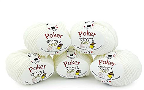 Poker by Tricot Cafè - Filato pura lana merinos ideale per i lavori ai ferri lana per uncinetto gomitolo morbidissimo irrestringibile alta qualità Made in Italy - 5 Pezzi - Bianco 100