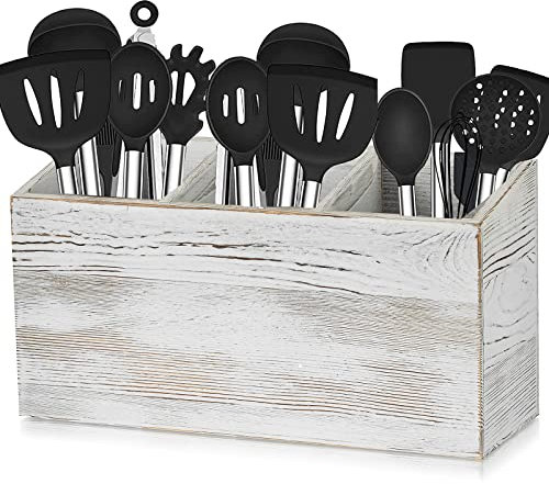 Soporte para Utensilios de Cocina, Utensilios: Organizador Grande de Utensilios de Cocina de Madera con 3 Compartimentos Color Blanco Lavado Vintage cubertería rústica Jarra para Cubiertos Tenedor