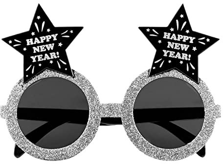 Boland 13471 - Party-Brille Happy New Year, Silber-Schwarz, Spaß-Brille mit Glitzer und Sternen, Accessoire, Silvester-Party, Neujahr