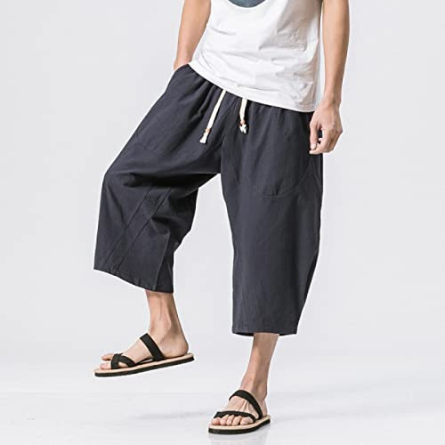 Bywenzai Kurze Hose Männer Baumwolle Leinen Einfarbig Elastische Taille Shorts T Herren Hip-Hop Atmungsaktiv Lässig 3/4 Hosen Japanische Und Koreanische Yogahose XL Navy