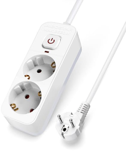 Aigostar Regleta 2 Enchufes con Interruptor, 5m Cable, 16A/3680W, Protección Infantil, Blanco – Alargador Eléctrico para Casa, Oficina, Dormitorio