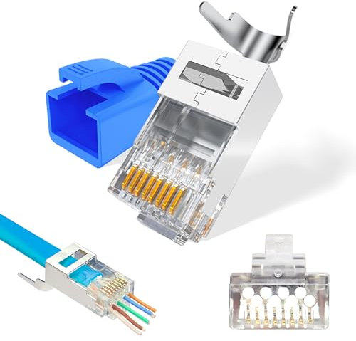 LEENUE 10 Stück RJ45 Stecker CAT 7 Pass Through, Vergoldet Netzwerkstecker CAT7 CAT6A, 10 Gbit/s 600 MHz, Lan Stecker POE für Verlegekabel Geschirmt mit Einfädelhilfe und Knickschutz, Blau