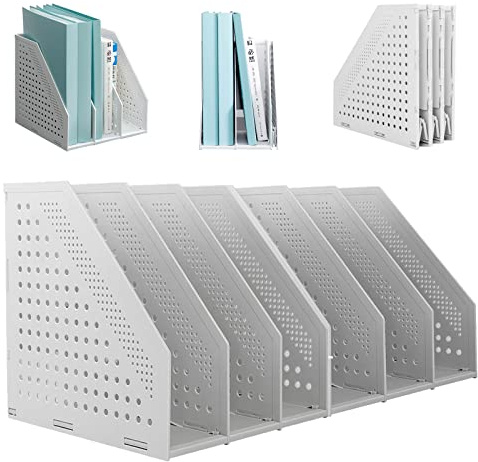 SAYEEC 2Pcs Collapsible Plastic Magazine File Holder Vertical Binder Storage Organizer for Desk Sturdy Upright Desktop Magazine Organizer Folder Rack for Office School Home (3 Compartments, Gray)