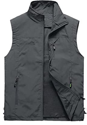Dünne Freizeitweste für Herren, Weste mit vielen Taschen, Sommer-Reißverschluss, normale Weste, dunkelgrau, XXL