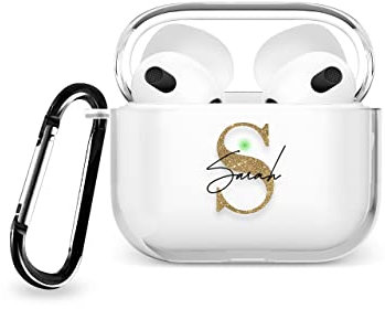 Tirita Personalised Custom Case Compatible with Apple AirPods 3rd gen, Support Wireless Charging, with Carabiner, Front LED Visible [06- Golden Monogram]
